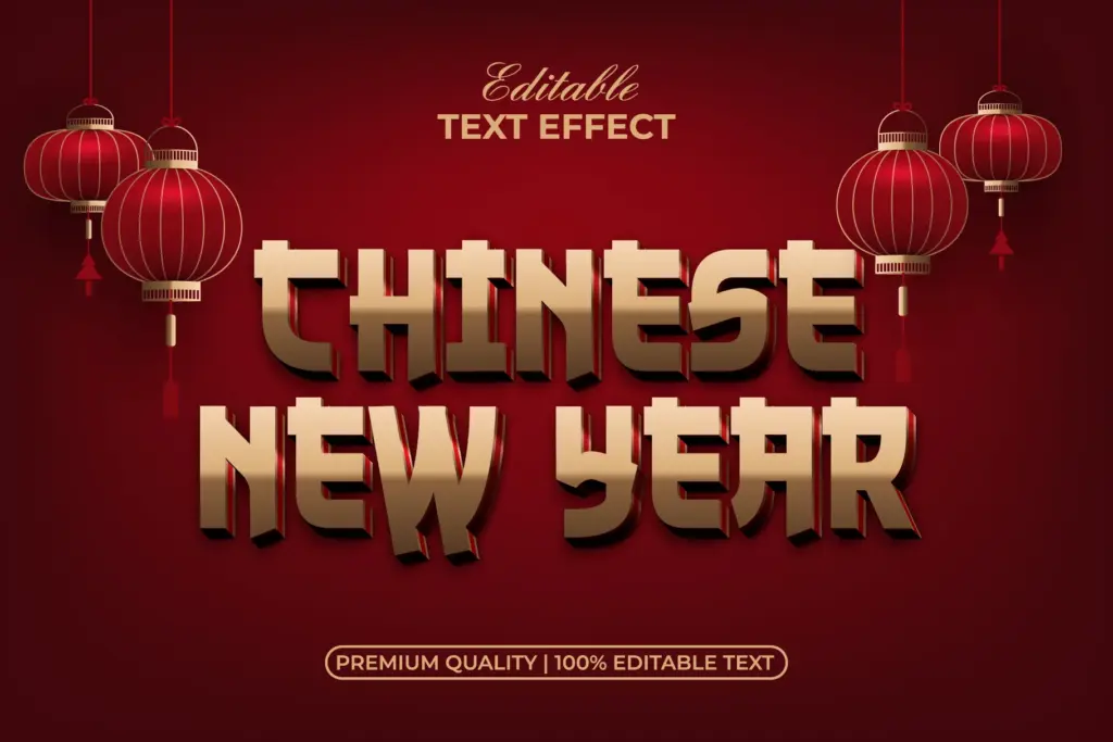 Blocky, stylized golden "CHINESE NEW YEAR" text effect with red paper lanterns.