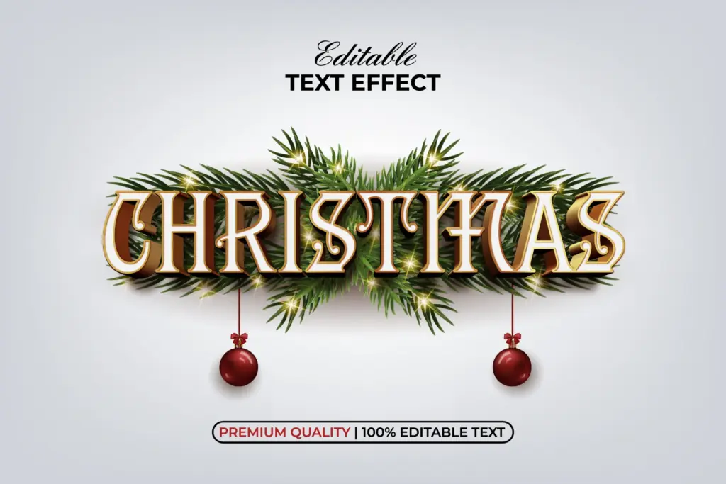 3D golden and white decorative "CHRISTMAS" text effect framed by pine branches and red ornaments.