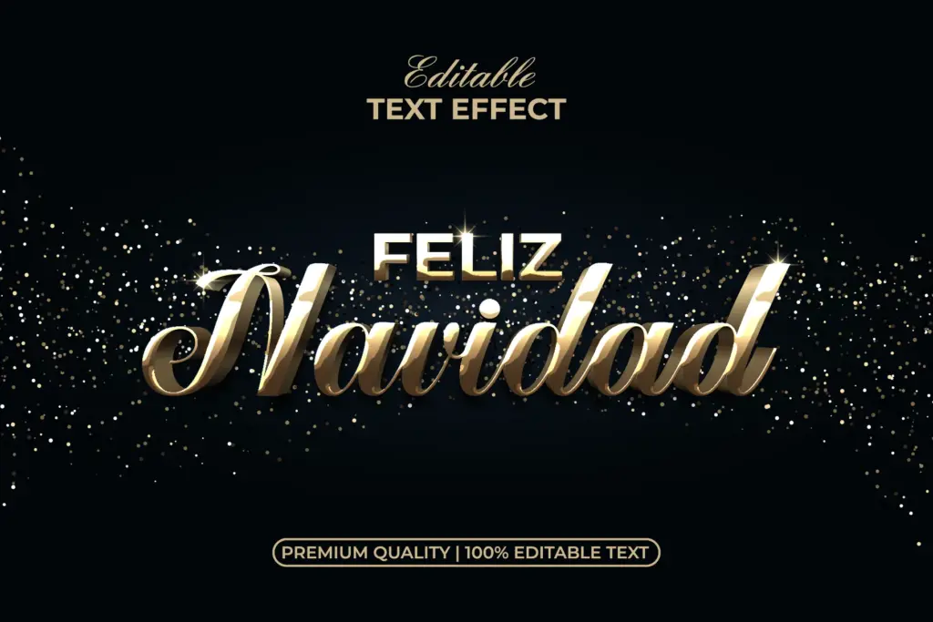 Polished golden "Feliz Navidad" text effect with floating gold glitter particles.