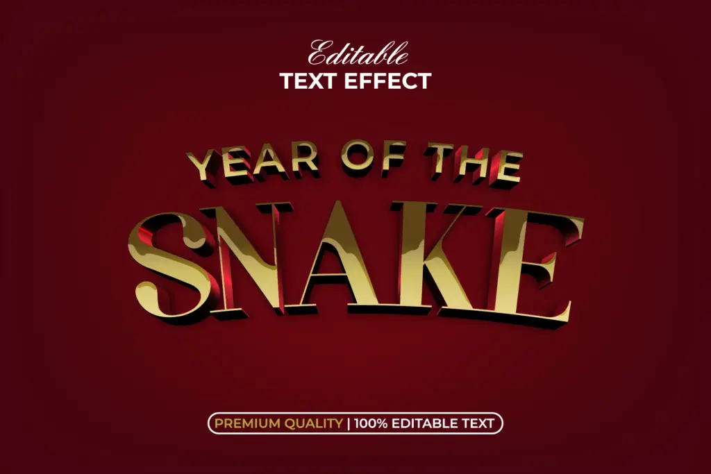 Classic golden "YEAR OF THE SNAKE" text effect with red metallic reflections on a deep red background.