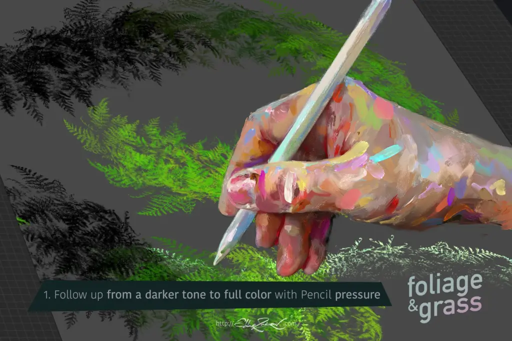 A hand holding a digital stylus, demonstrating a foliage brush stroke moving from a dark tone to a brighter, full color using increased pencil pressure.
