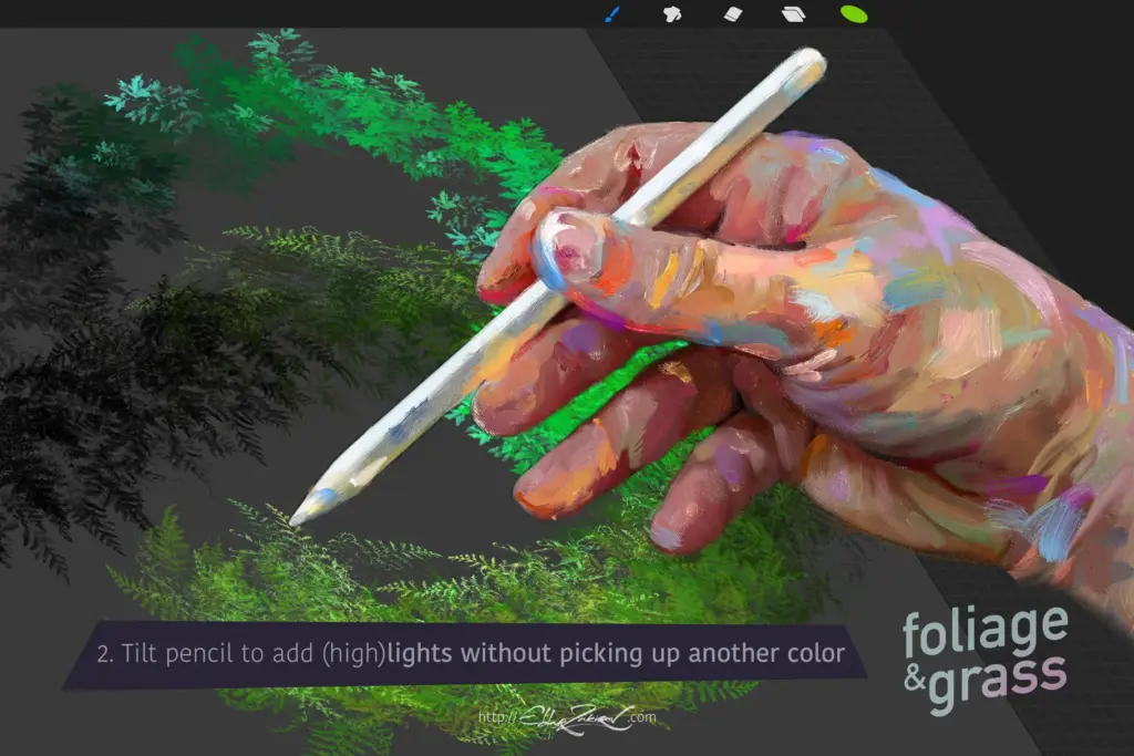 A hand holding a digital stylus, demonstrating how tilting the pencil adds lighter, highlight colors to the foliage brush strokes.