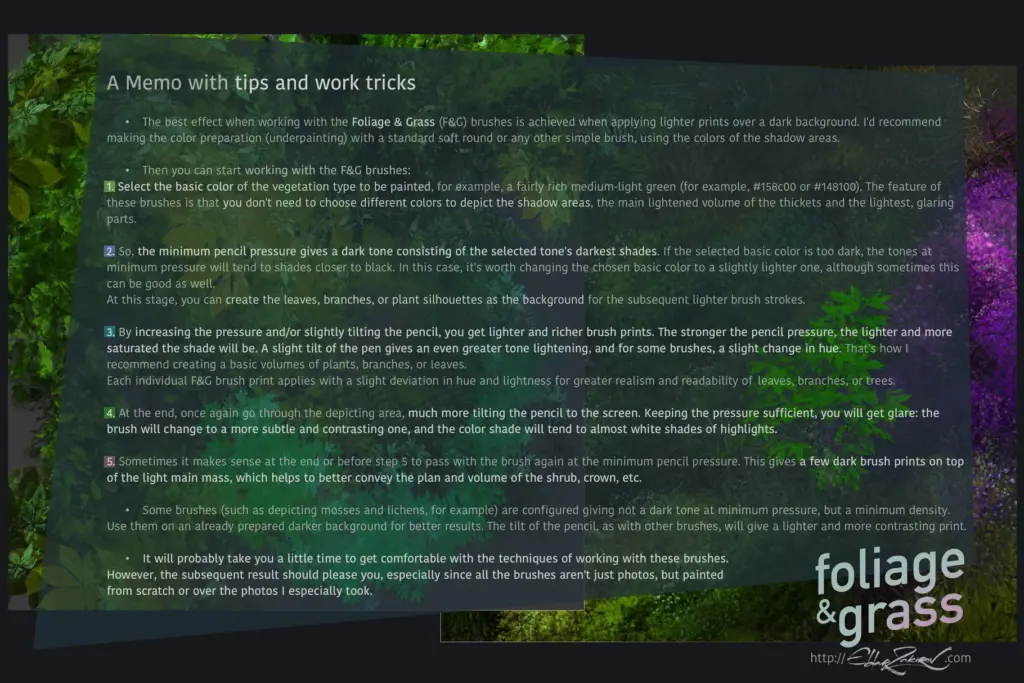 A memo with five numbered tips for using the foliage and grass brushes, focusing on working from dark to light tones using pencil pressure and tilt.