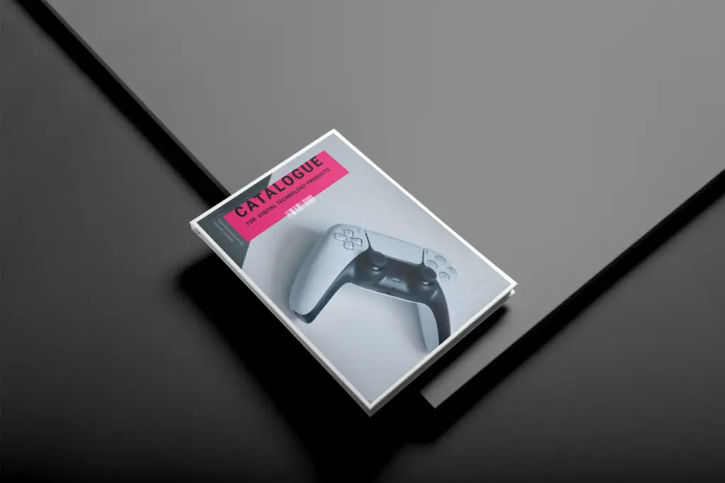 Front cover mockup of a product catalog featuring a white game controller and a pink "CATALOGUE" label on a dark surface.