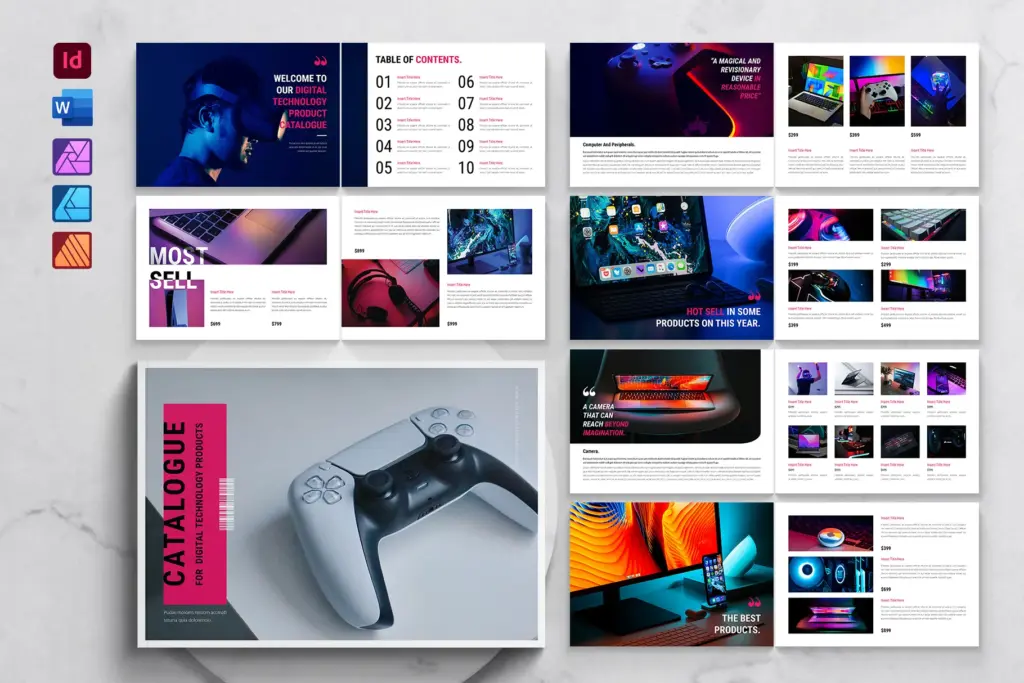 A single view showing a large collection of template pages for a digital technology product catalog, including a table of contents, covers, and product spreads.