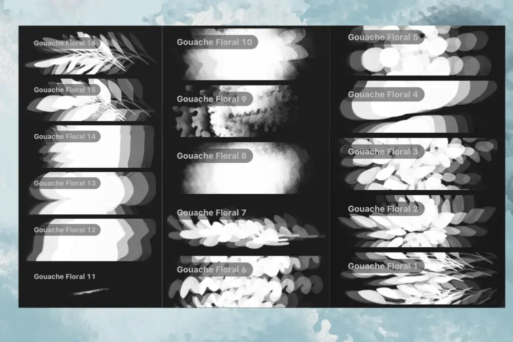Three columns displaying 16 black and white previews of various Gouache Floral Procreate brush shapes (leaves, petals, abstract blobs) on a watercolor background.
