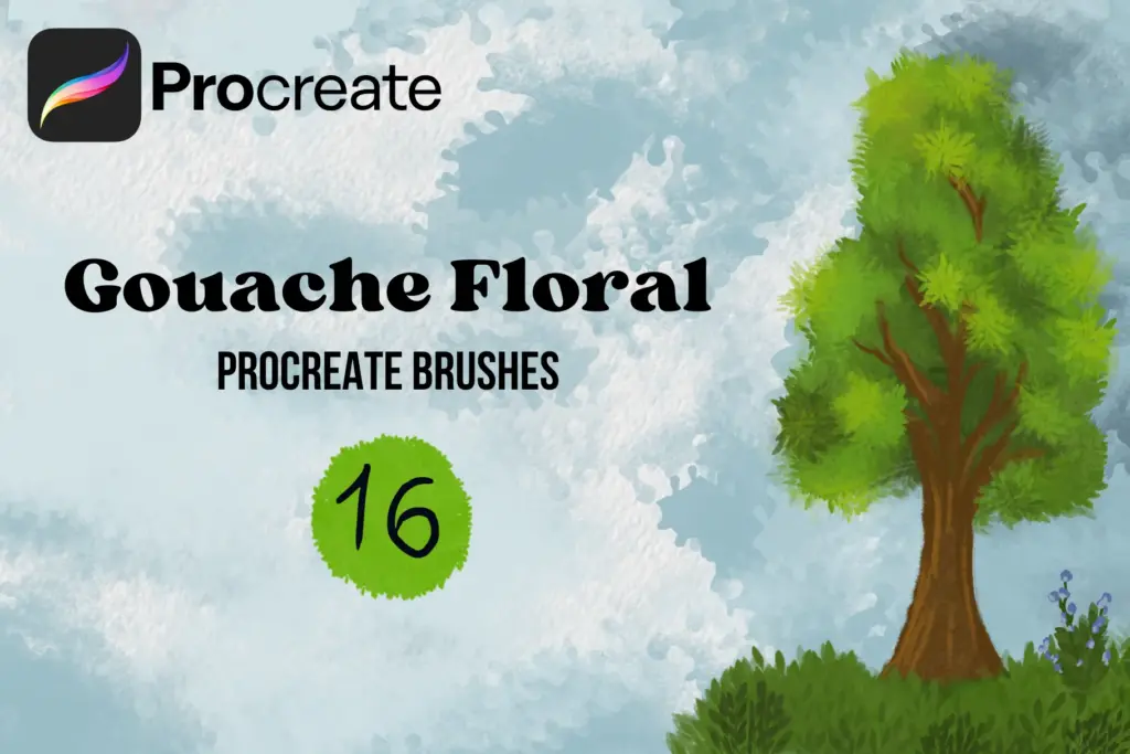 Title slide for a Procreate brush pack reading "Gouache Floral PROCREATE BRUSHES 16" over an illustration of a tree and sky done in a gouache/watercolor style, with the Procreate logo in the top left.