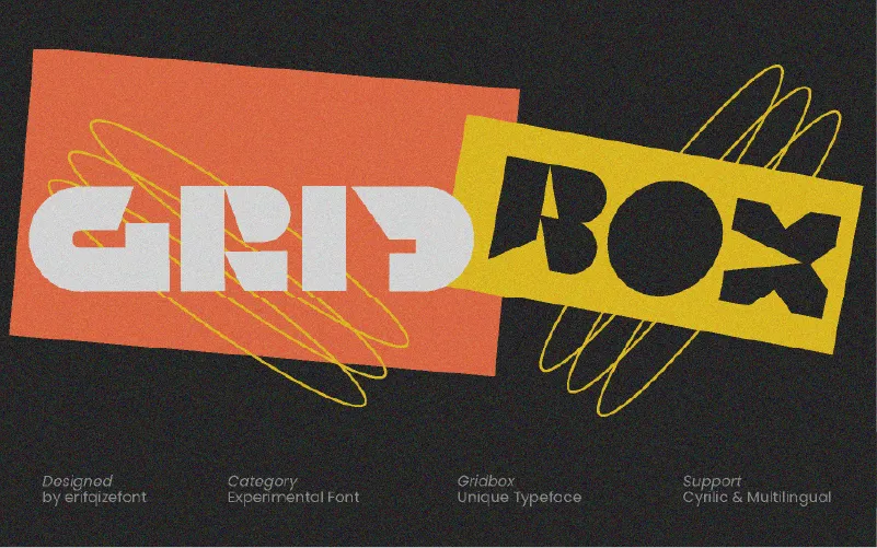 Experimental font with split-color blocks and abstract scribble overlays