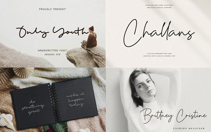 Font previews on notebooks, fashion portraits, and minimalist branding