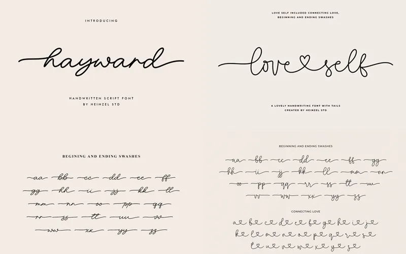 Font showcase with decorative swashes, connecting love glyphs, and branding samples