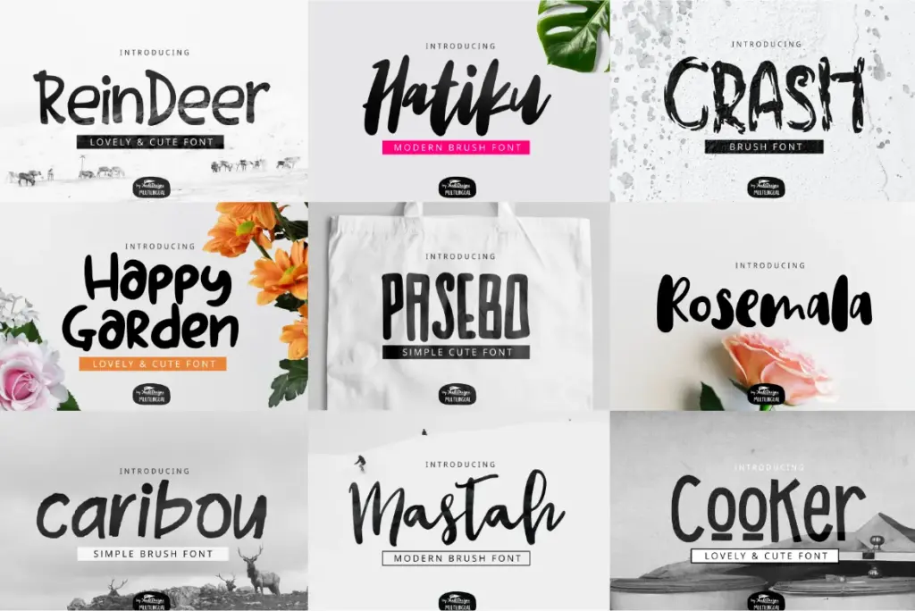 A collage of font previews featuring brush and decorative styles.