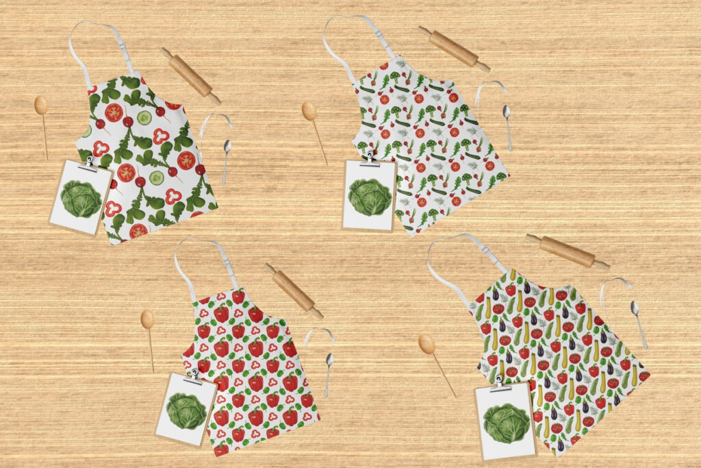 Four aprons with vegetable patterns surrounded by utensils and cabbage illustrations