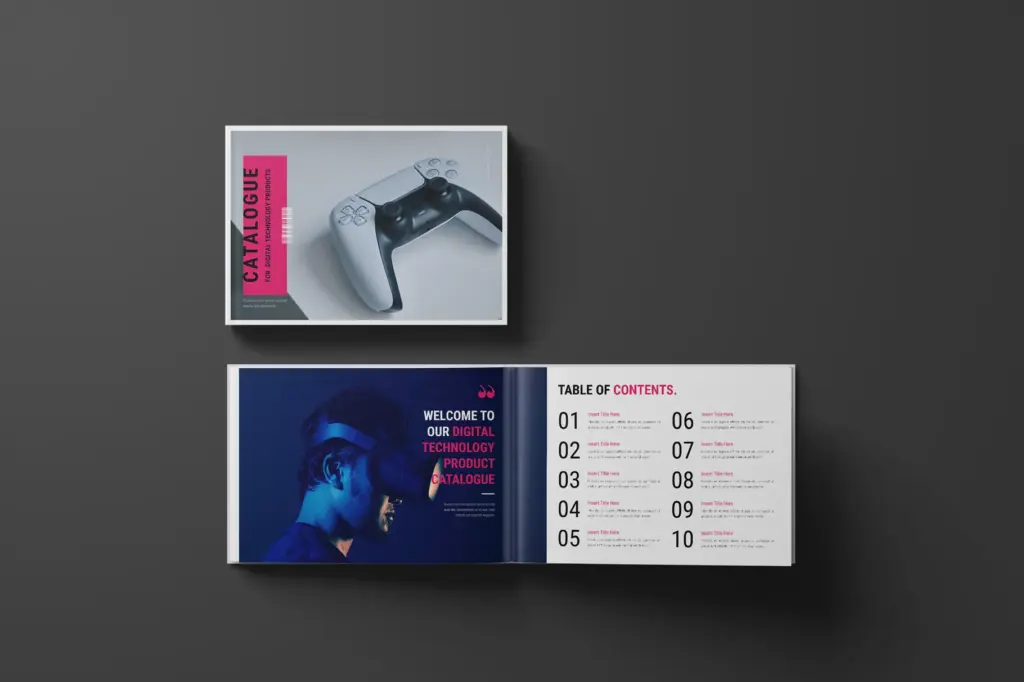 Open landscape catalog showing the cover with a game controller and the table of contents spread.