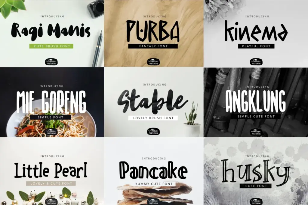 A collage of diverse font styles included in the mixed huge fonts bundle.