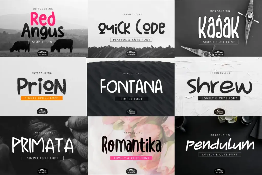 A collage of decorative fonts included in the mixed huge fonts bundle.