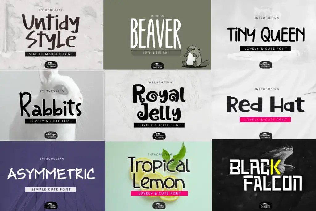 A collage of fonts included in the mixed huge fonts bundle.