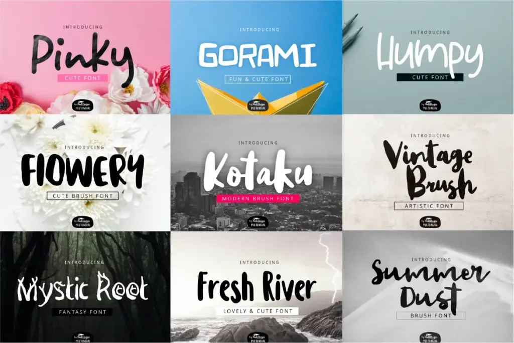 A collage of brush and fantasy fonts included in the mixed huge fonts bundle.