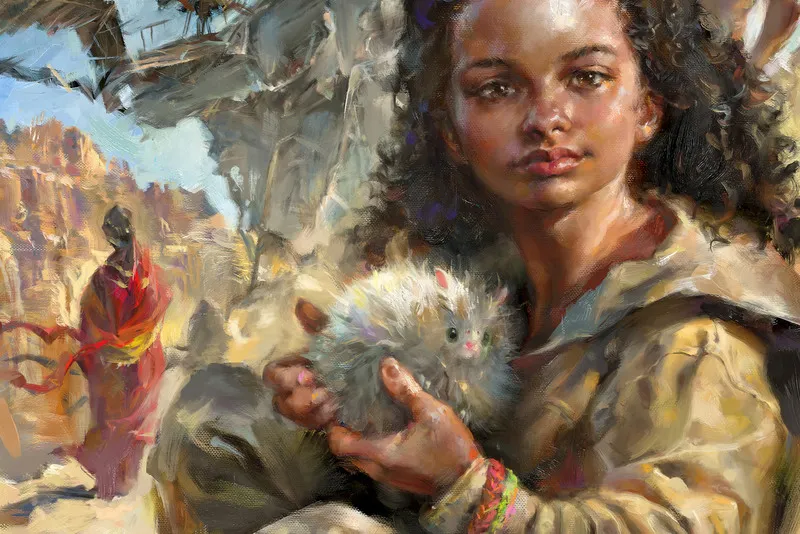 A digital oil painting of a young woman with dark, curly hair holding a fluffy, light-colored creature in a desert or ruin-like background.