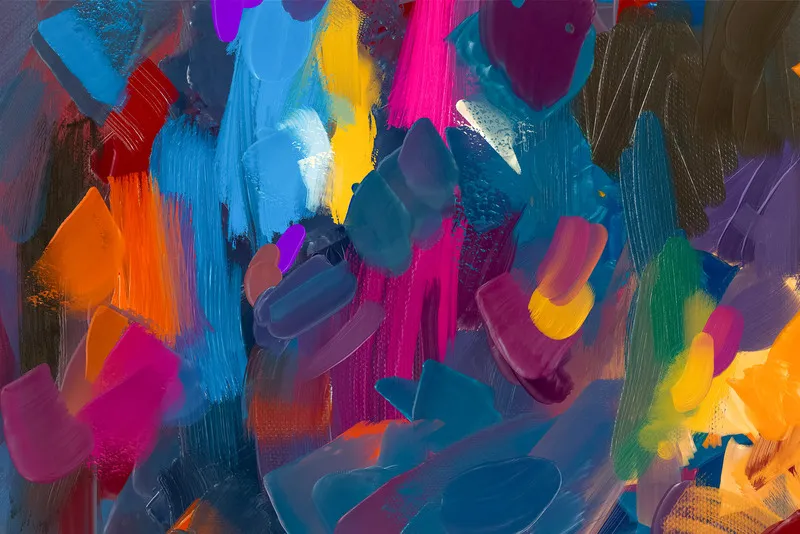 A highly abstract painting featuring broad, thick, textured strokes of intensely bright colors including hot pink, deep blue, vibrant yellow, and orange, showcasing the heavy impasto effect of the brushes.