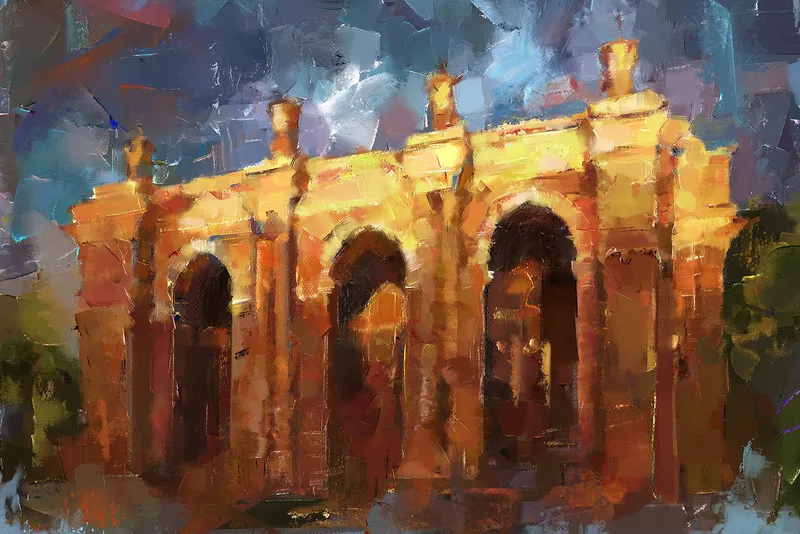 A digital oil painting depicting an old, arched stone structure rendered in warm, dominant orange and yellow tones against a dramatic, dark blue and gray sky.