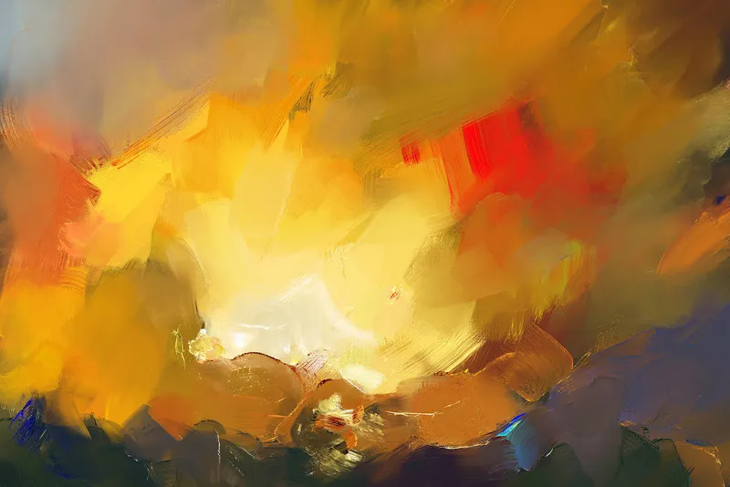 A vibrant, abstract digital oil painting dominated by bright yellows and oranges, suggesting a glowing light source or a fiery landscape.