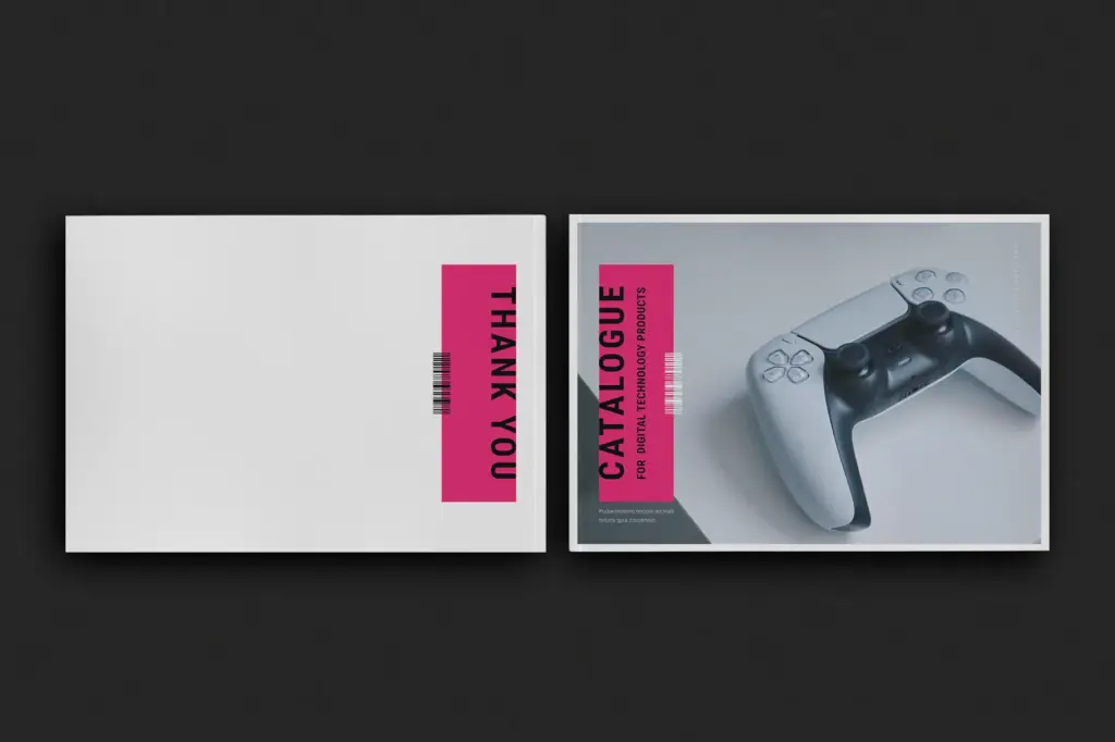 Front and back covers of a product catalog. The front shows a white game controller, and the back is white with a pink "THANK YOU" barcode.