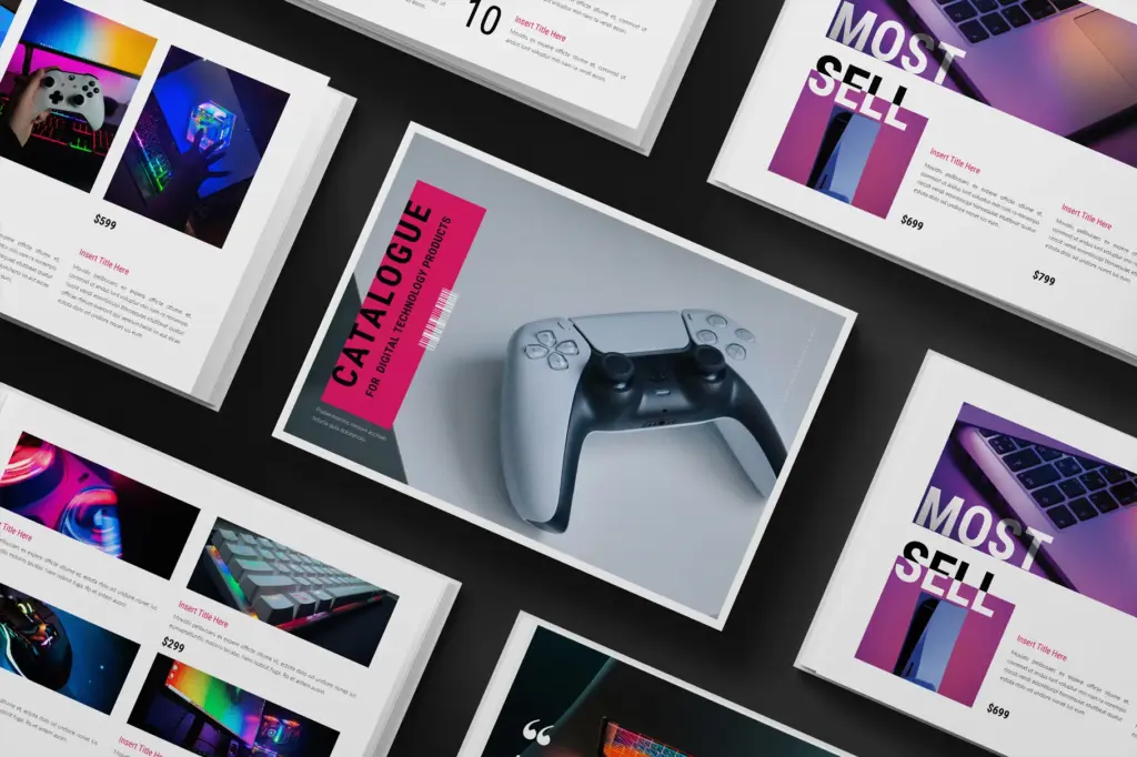 Scattered product catalog template pages displaying gaming peripherals, prices, a white game controller cover, and "MOST SELL" sections.