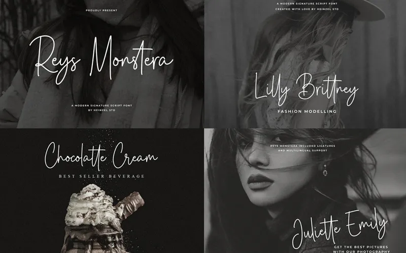 Font used in fashion, beverage, and photography branding across four grayscale panels
