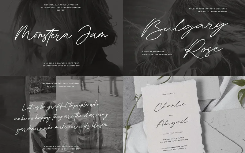 Font samples on grayscale photos with wedding and gratitude themes