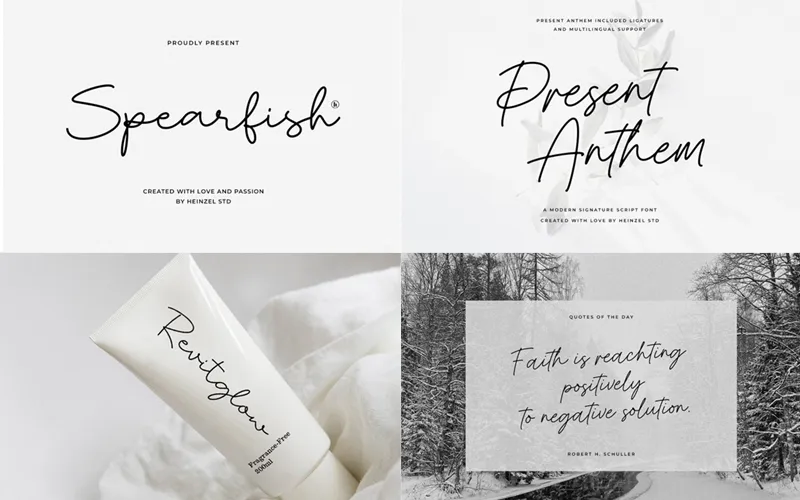 Font samples on skincare packaging, winter quotes, and branding visuals