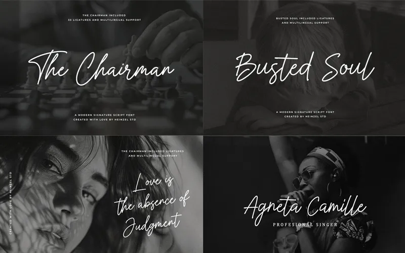 Black-and-white panels featuring fonts like The Chairman and Busted Soul in lifestyle scenes