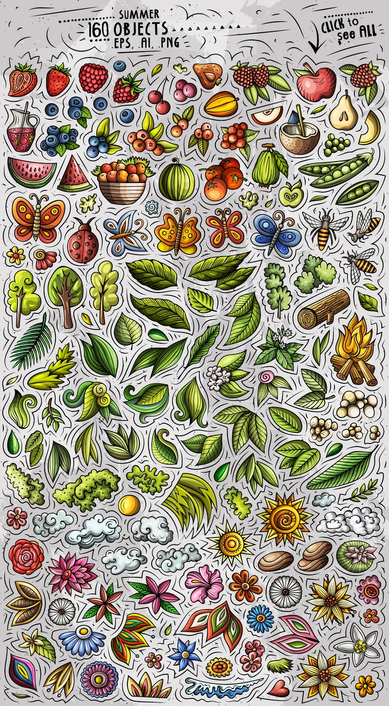 Collage of summer fruit & garden clipart included in the bundle