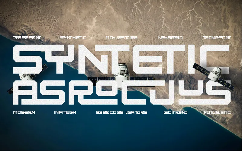Futuristic font with satellite visuals and tech-themed descriptors.