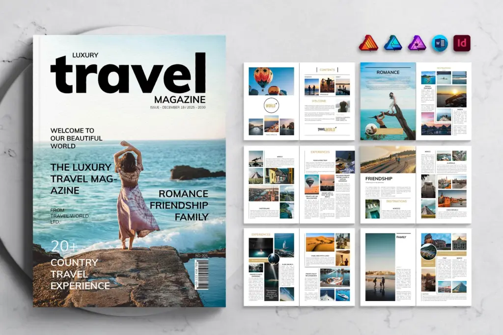 Full overview of the travel magazine template layout, showing the cover, contents page, and multiple inner spreads dedicated to "ROMANCE," "FRIENDSHIP," "FAMILY," and "EXPERIENCES." Includes icons for file formats (AI, PSD, INDD).