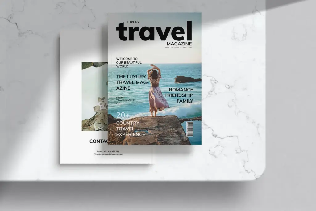 Cover and back of a luxury travel magazine template featuring a woman on a rocky shore, with "travel" and "20+ Country Travel Experience" text. Includes contact details.