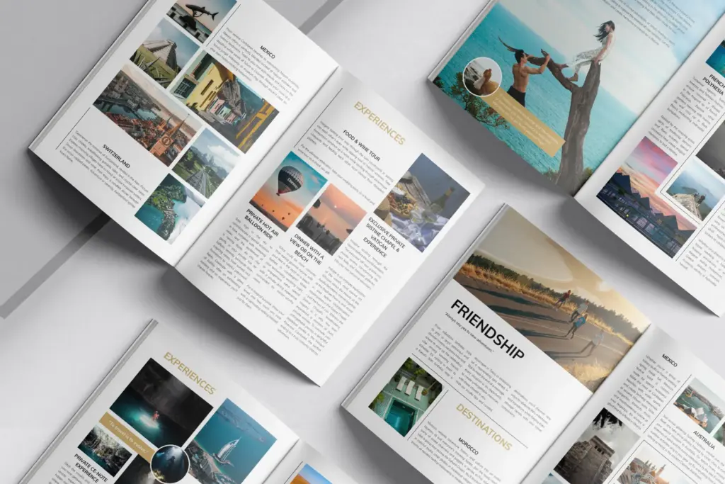 Full overview of the travel magazine template layout, showing the cover, contents page, and multiple inner spreads dedicated to "ROMANCE," "FRIENDSHIP," "FAMILY," and "EXPERIENCES." Includes icons for file formats (AI, PSD, INDD).