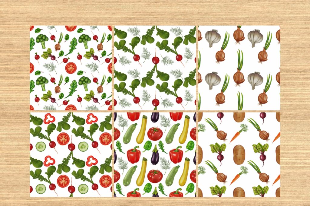 Six panels with seamless vegetable patterns including radishes, onions, and leafy greens