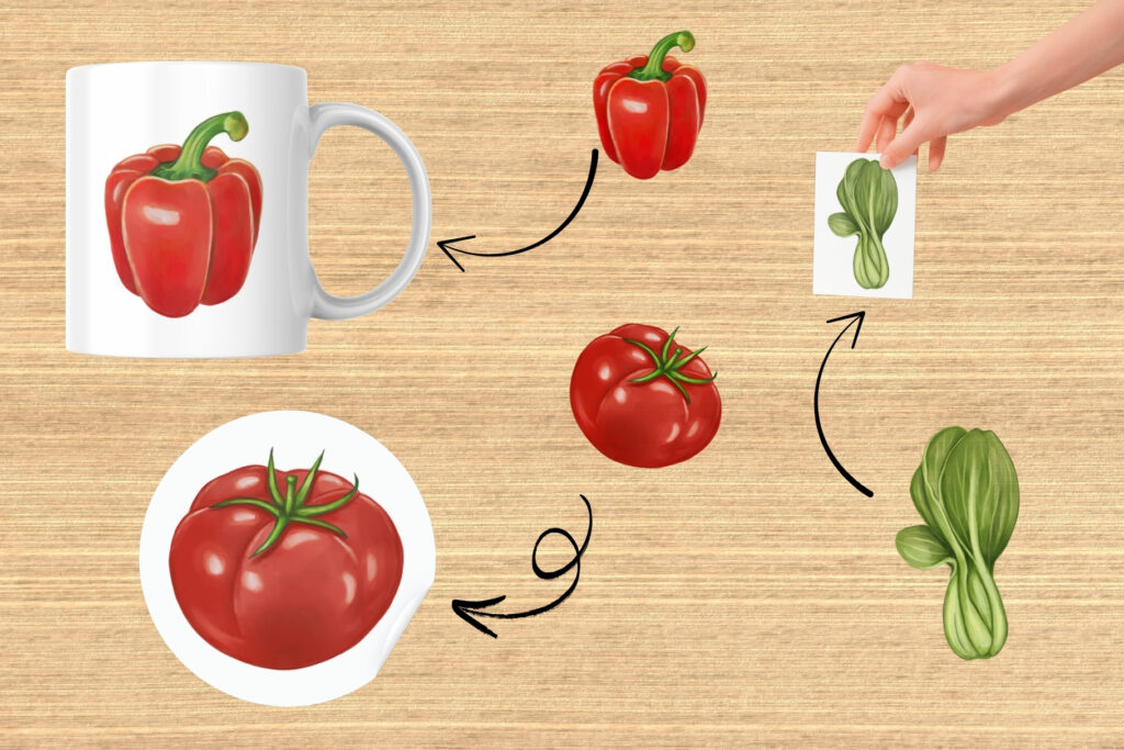 Illustrated vegetables with arrows pointing to printed items like cards, mugs, and stickers