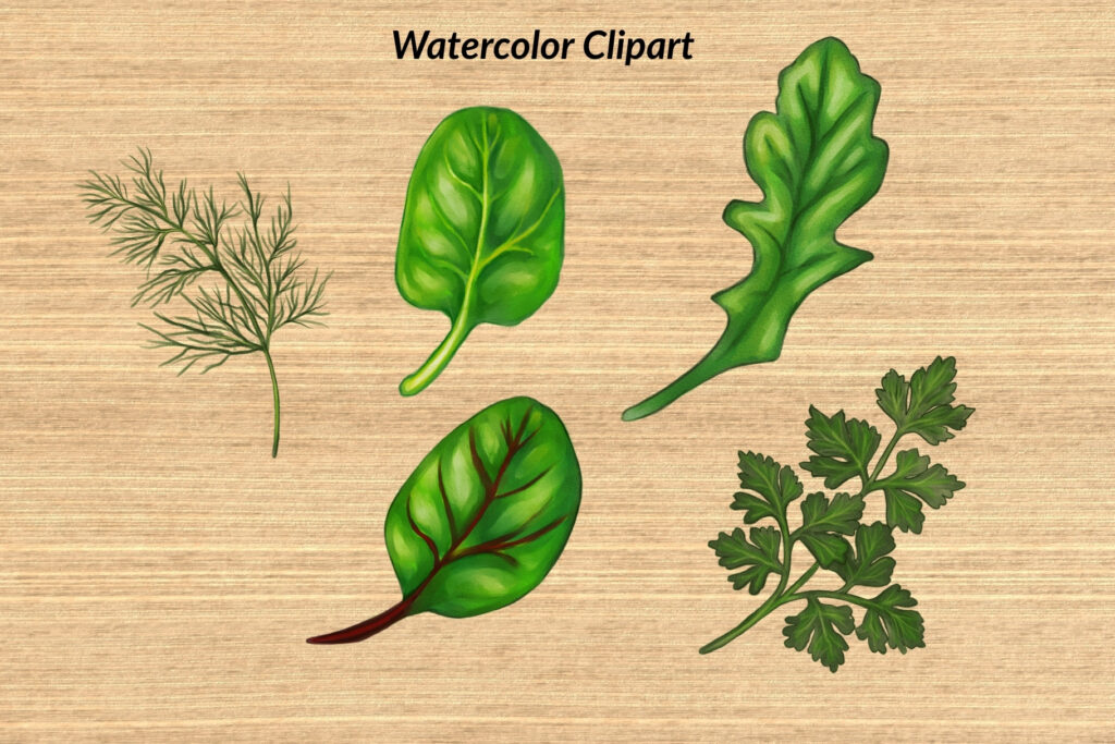 Five watercolor herbs including dill, spinach, and parsley on a wooden background