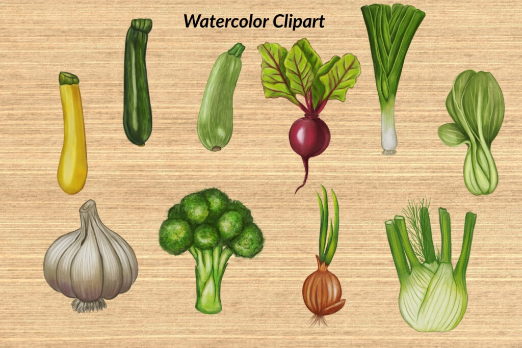 Ten watercolor vegetables including squash, leek, and fennel on a wooden background