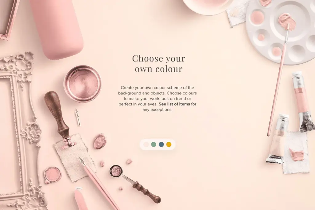 Flat lay mockup of art supplies, including pink paint tubes, brushes, a palette, and sealing wax tools, suggesting custom color options.