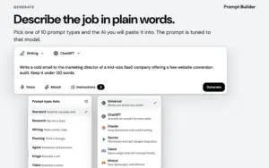 Choose prompt type and target AI model in the generator with Prompt Builder AI prompt builder
