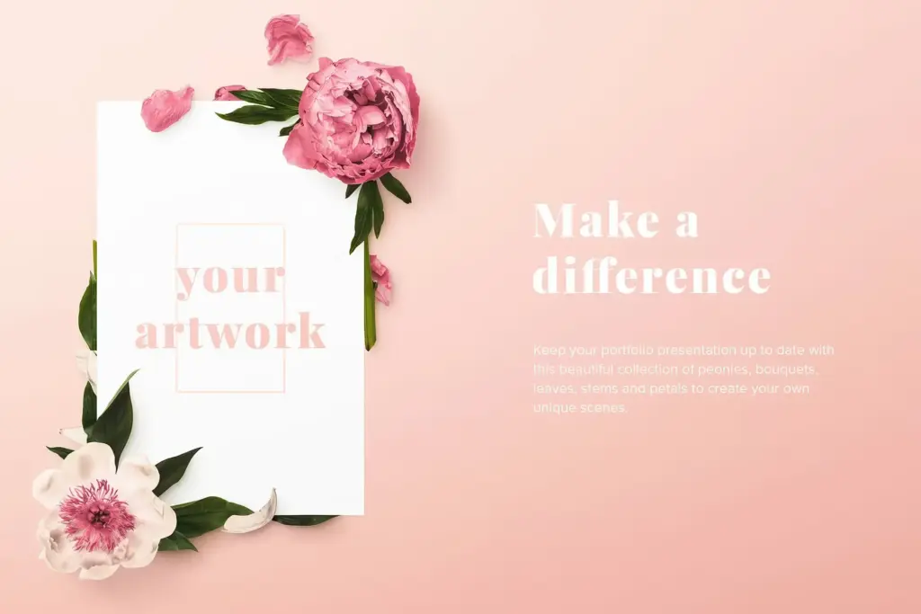 Close-up mockup of a white card surrounded by pink and white peonies on a pink background, with text "Make a difference."