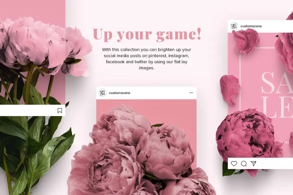 Social media post examples using large, close-up pink peonies as a background for flat lay images.