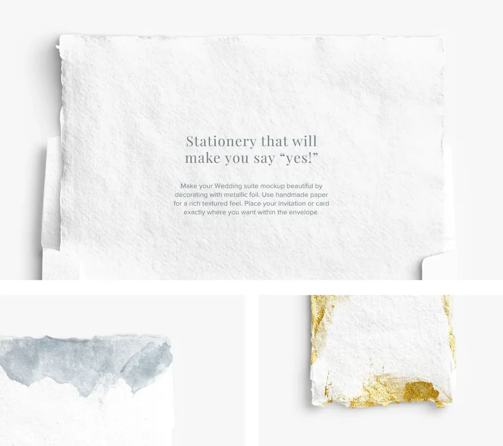 Close-up of handmade, textured paper mockups, including a plain sheet and one with a gold leaf edge.