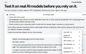Test prompts on multiple AI models in the prompt tester with Prompt Builder AI prompt builder