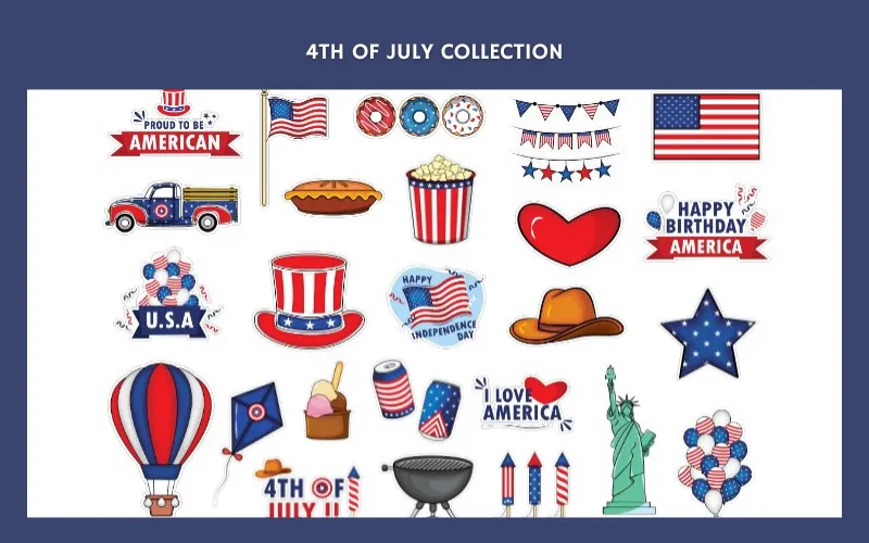 Patriotic icons like flags, fireworks, and festive treats for Independence Day