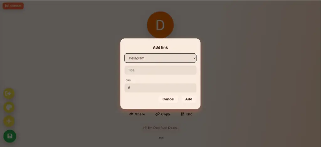 Link Adding Page in Bio.ly Link In Bio Builder