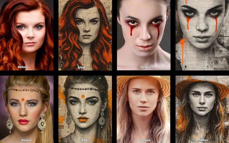 Collage of AI-edited photos created using the Aesthetic Monochrome prompt