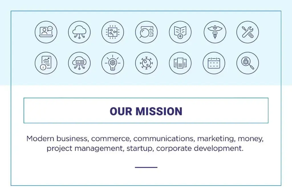Grid of 16 business icons above a bold mission statement highlighting modern commerce, marketing, and innovation.